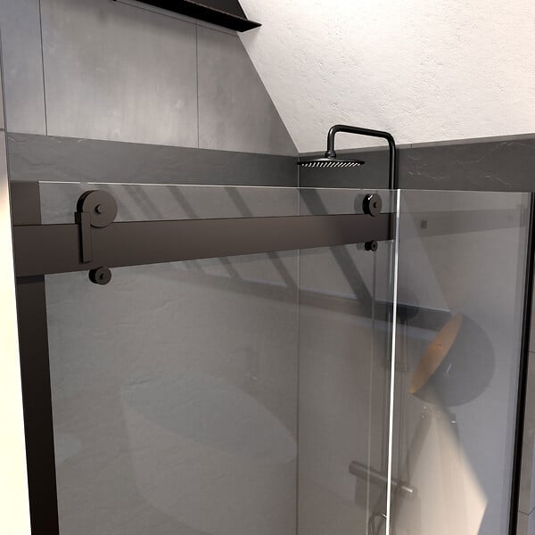 AURLANE - Porte de douche 140x200cm type industriel coulissante NOIR MAT - verre trempe 8mm - large