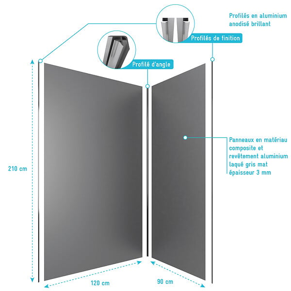AURLANE - LOT de 2 Panneaux Muraux Aluminium GRIS 90+120x210 cm avec Profilés ANODISE BRILLANT - WALL'IT - large