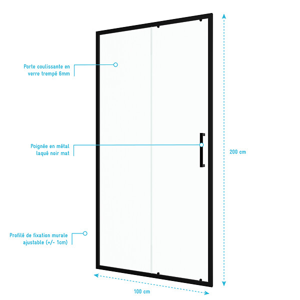 AURLANE - Porte de douche coulissante 100x200 cm - Verre transparent - Profilé Noir - CRUSH - large