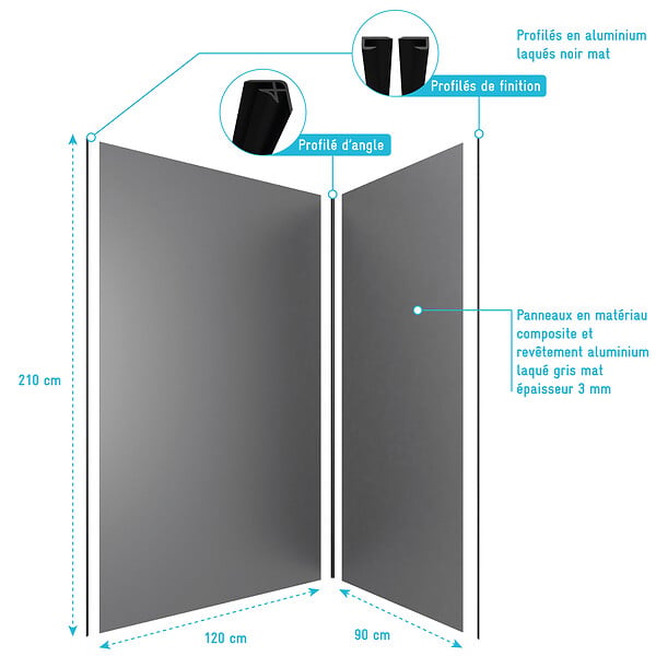 AURLANE - LOT de 2 Panneaux Muraux Aluminium GRIS 90+120x210 cm avec Profilés NOIR MAT - WALL'IT - large