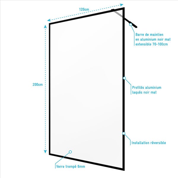 AURLANE - Paroi de Douche 120x200 cm - Cadre et Bras Aluminium NOIR MAT - DARK CONTOURING - large