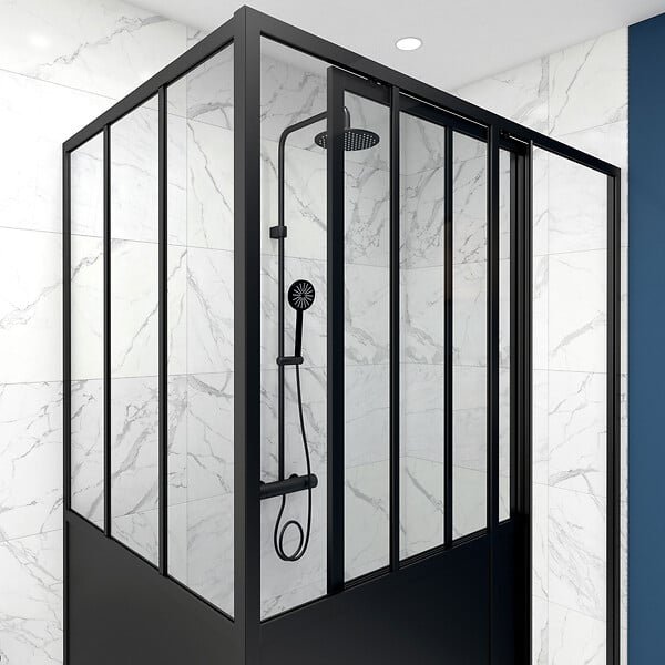 AURLANE - Porte de douche coulissante 120x200cm + retour 80cm type atelier - NOIR MAT - verre 5mm - large