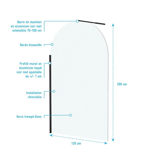 AURLANE - Paroi de Douche arrondie 120x200 cm - Profilé Noir Mat - DARK CURVED - large