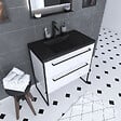 AURLANE - Meuble de salle de bain 80x50cm Blanc - 2 tiroirs blanc - vasque resine noire effet pierre - vignette