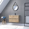 AURLANE - Pack Meuble SDB 80cm suspendu 2 tiroirs Chene_Vasque blanche + Miroir Barber - TIMBER 80 - Pack38 - vignette