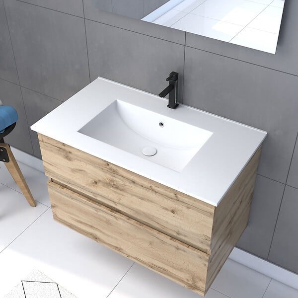 AURLANE - Pack Meuble SDB 80cm suspendu 2 tiroirs Chene_Vasque blanche + Miroir Led - TIMBER 80_Pack36 - large
