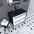 AURLANE - Meuble de salle de bain 80x50 cm Noir MAT - 2 tiroirs BLANC - vasque résine noire effet pierre - vignette