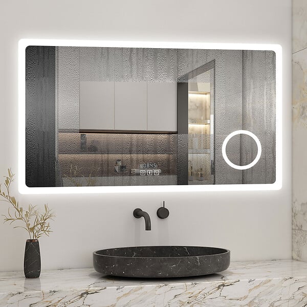 AICA SANITAIRE - Miroir lumineux Horloge + loupe + bluetooth + tricolore + anti-buée 140x80cm salle de bain dimmable,mémoire,tactile,led - large