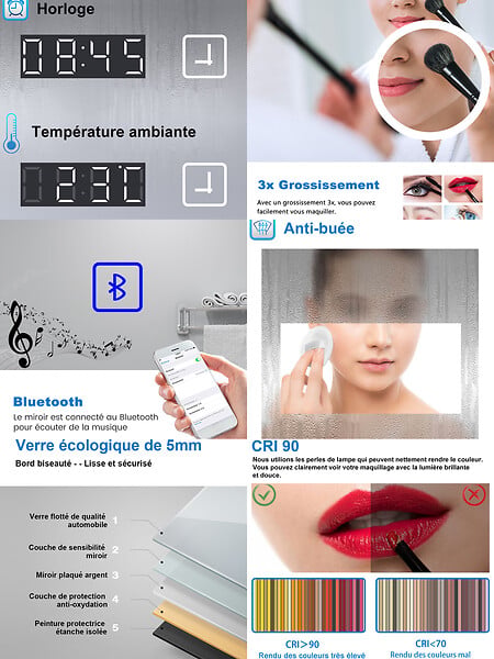 AICA SANITAIRE - Miroir lumineux Horloge + loupe + bluetooth + tricolore + anti-buée 160x80cm salle de bain dimmable,mémoire,tactile,led - large