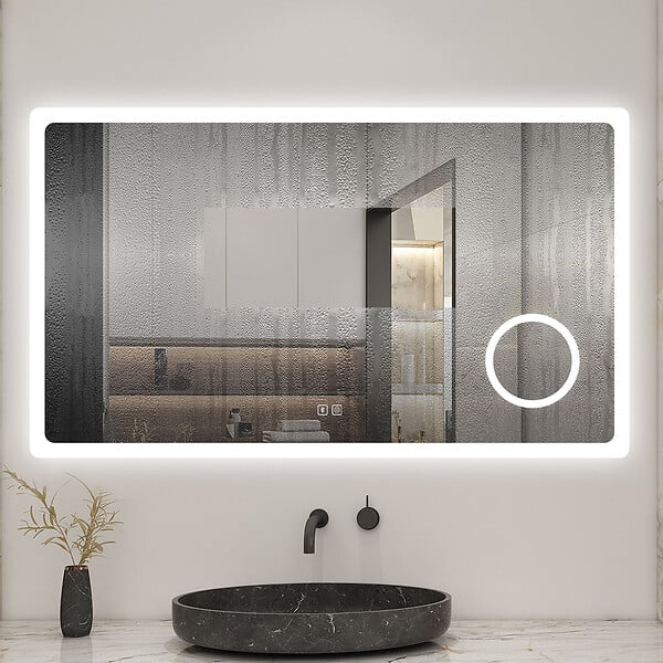 AICA SANITAIRE - Miroir lumineux loupe + bluetooth + tricolore + anti-buée 140x80cm salle de bain dimmable,mémoire,tactile,led - large