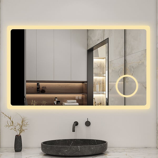 AICA SANITAIRE - Miroir lumineux loupe + bluetooth + tricolore + anti-buée 140x80cm salle de bain dimmable,mémoire,tactile,led - large