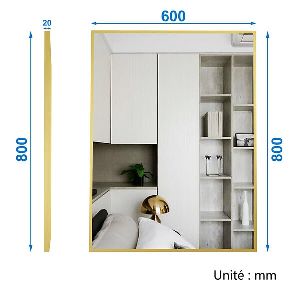 AICA SANITAIRE - Miroir d'or rectangulaire  mat suspendu horizontalement et verticalement 80*60cm - large