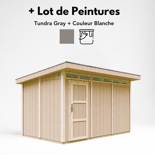 TIMBELA - Abri de Jardin Qualité Premium 9m² - L412xL279cm - Kit tout compris avec sol, tuiles bitumineuses, set de peinture-Construction de Panneaux LP Smartside- Cabane de Jardin Timbela M904 TUNDRA GREY - large