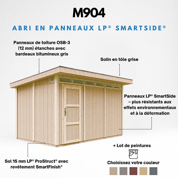 TIMBELA - Abri de Jardin Qualité Premium 9m² - L412xL279cm - Kit tout compris avec sol, tuiles bitumineuses, set de peinture-Construction de Panneaux LP Smartside- Cabane de Jardin Timbela M904 TERRA BROWN - large