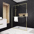 AURLANE - Paroi de Douche Or Doré Brossé 140x200cm - Porte-Serviette et Etagère - vignette