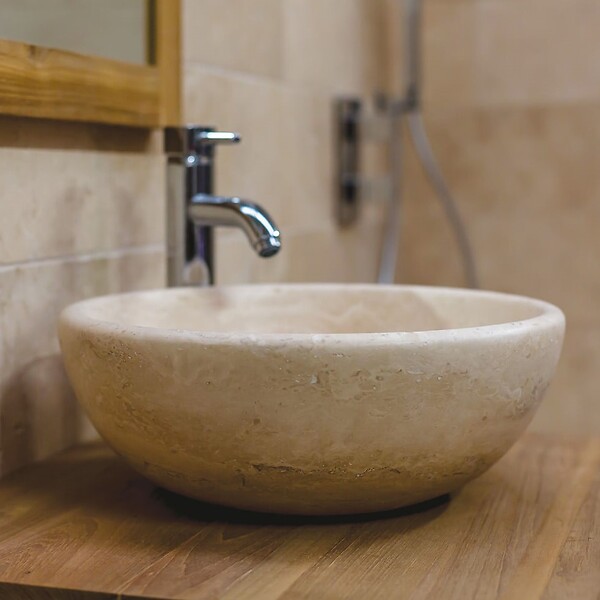 RO'MA NATURE - Vasque à poser ronde bol Travertin Beige 42x15 cm - large