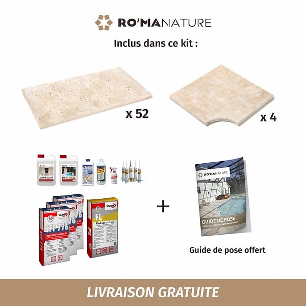 RO'MA NATURE - KIT COMPLET - Margelles pour piscine 10x5m en Travertin Beige Light (avec colle, joint, hydrofuge ...) - large