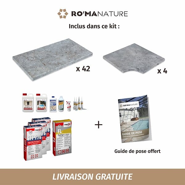 RO'MA NATURE - KIT COMPLET - Margelles pour piscine 8x4m en Travertin Gris (avec colle, joint, hydrofuge ...) - large
