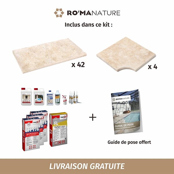 RO'MA NATURE - KIT COMPLET - Margelles pour piscine 8x4m en Travertin Beige Light (avec colle, joint, hydrofuge ...) - large