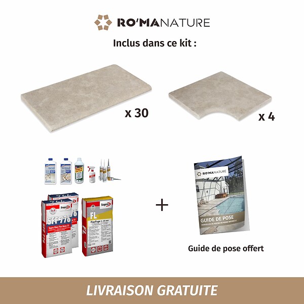 RO'MA NATURE - KIT COMPLET - Margelles pour piscine 6x3m en Pierre Egypte Beige (avec colle, joint, hydrofuge ...) - large