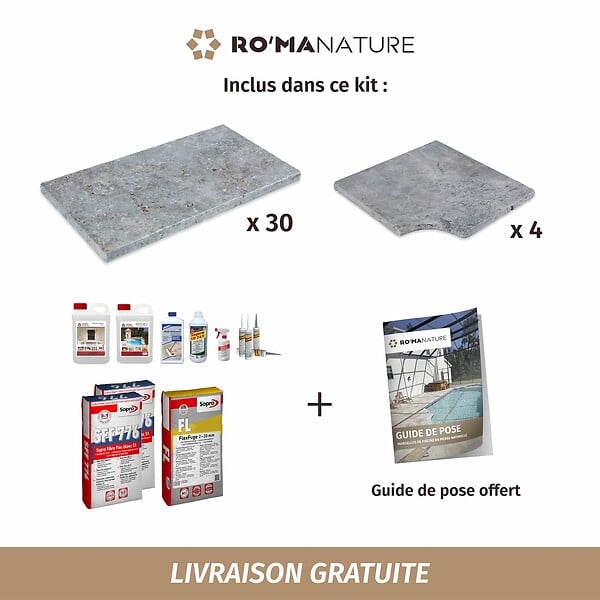 RO'MA NATURE - KIT COMPLET - Margelles pour piscine 6x3m en Travertin Gris (avec colle, joint, hydrofuge ...) - large