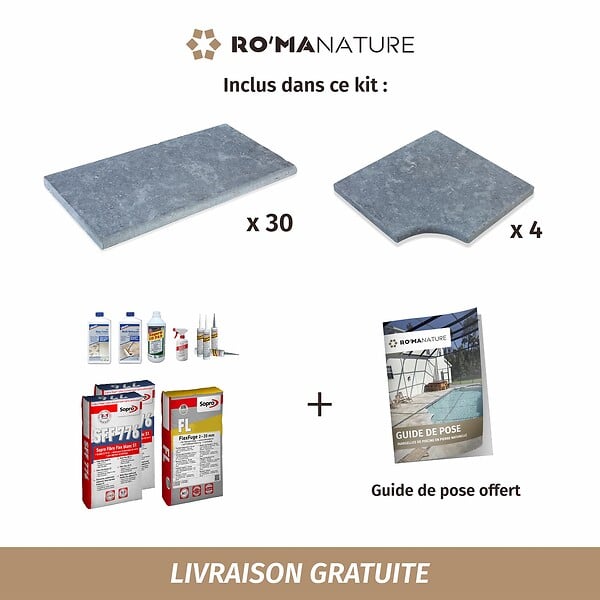 RO'MA NATURE - KIT COMPLET - Margelles pour piscine 6x3m en Pierre Egypte Gris (avec colle, joint, hydrofuge ...) - large