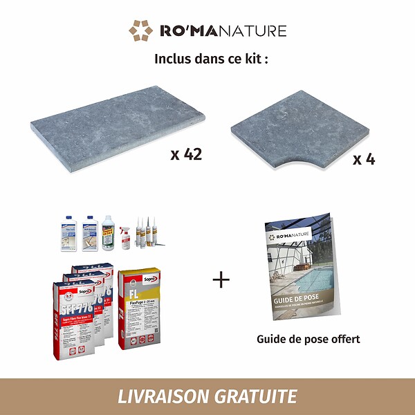 RO'MA NATURE - KIT COMPLET - Margelles pour piscine 8x4m en Pierre Egypte Gris (avec colle, joint, hydrofuge ...) - large