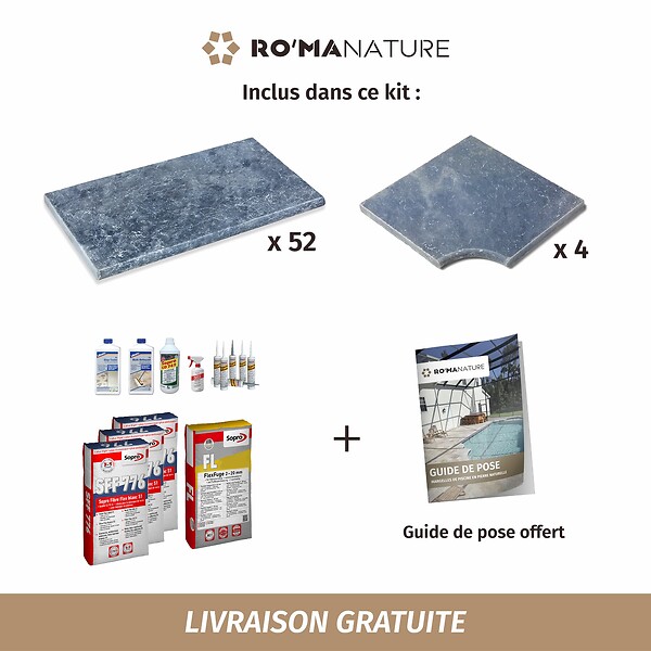 RO'MA NATURE - KIT COMPLET - Margelles pour piscine 10x5m en Pierre Adana Gris Bleu (avec colle, joint, hydrofuge ...) - large