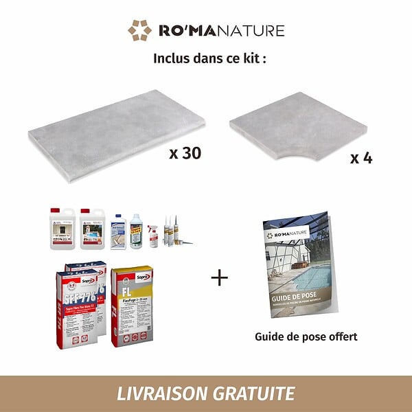 RO'MA NATURE - KIT COMPLET - Margelles pour piscine 6x3m en Pierre Atlas Gris (avec colle, joint, hydrofuge ...) - large