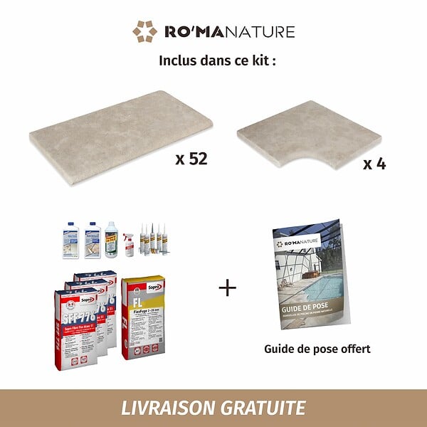 RO'MA NATURE - KIT COMPLET - Margelles pour piscine 10x5m en Pierre Egypte Beige (avec colle, joint, hydrofuge ...) - large