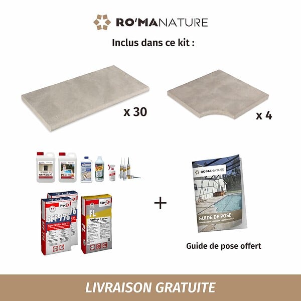 RO'MA NATURE - KIT COMPLET - Margelles pour piscine 6x3m en Pierre Atlas Beige (avec colle, joint, hydrofuge ...) - large