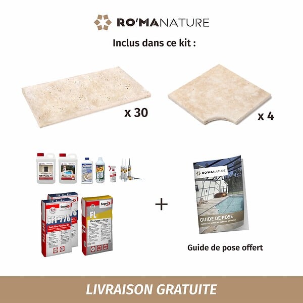 RO'MA NATURE - KIT COMPLET - Margelles pour piscine 6x3m en Travertin Beige Light (avec colle, joint, hydrofuge ...) - large
