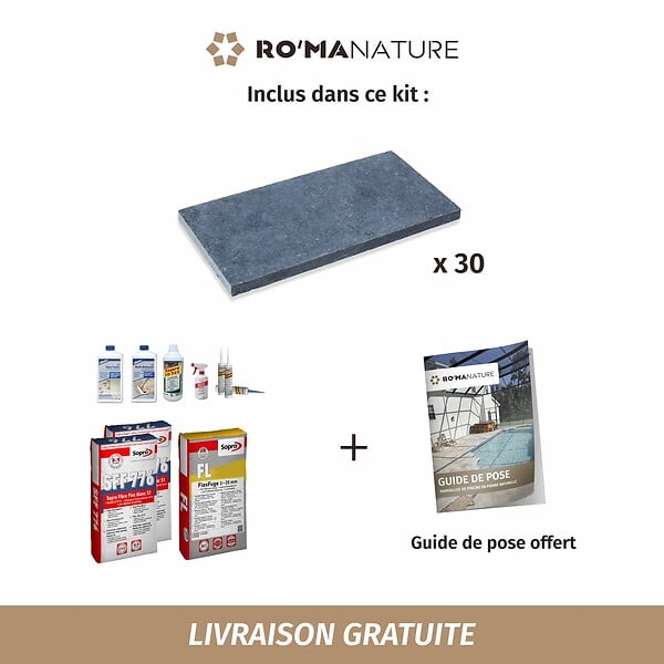RO'MA NATURE - KIT COMPLET - Margelles pour piscine 4x4m en Pierre Bleue Vietnam (avec colle, joint, hydrofuge ...) - large