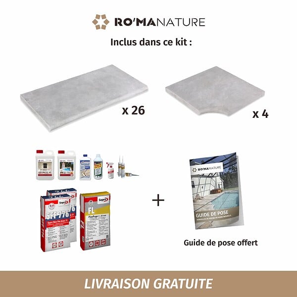 RO'MA NATURE - KIT COMPLET - Margelles pour piscine 4x4m en Pierre Atlas Gris (avec colle, joint, hydrofuge ...) - large