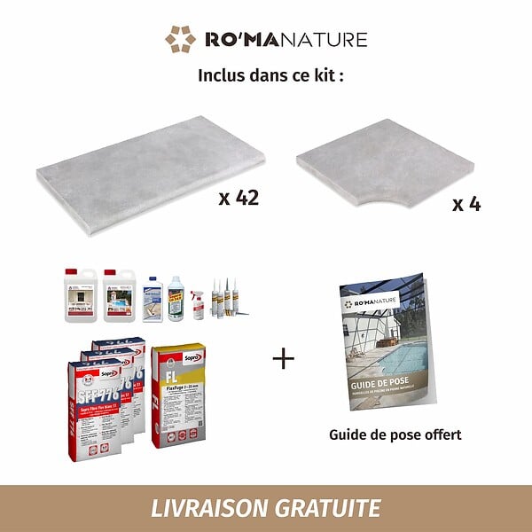 RO'MA NATURE - KIT COMPLET - Margelles pour piscine 8x4m en Pierre Atlas Gris (avec colle, joint, hydrofuge ...) - large