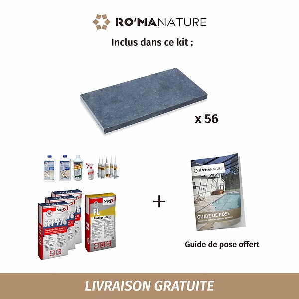 RO'MA NATURE - KIT COMPLET - Margelles pour piscine 10x5m en Pierre Bleue Vietnam (avec colle, joint, hydrofuge ...) - large