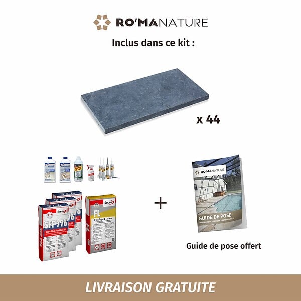 RO'MA NATURE - KIT COMPLET - Margelles pour piscine 8x4m en Pierre Bleue Vietnam (avec colle, joint, hydrofuge ...) - large