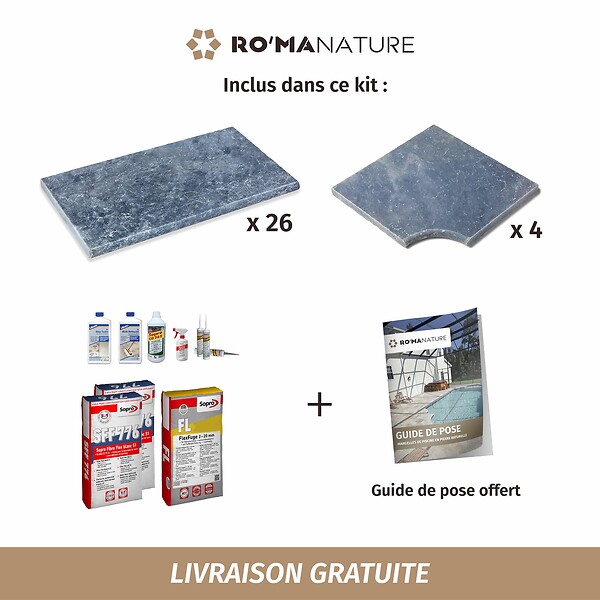 RO'MA NATURE - KIT COMPLET - Margelles pour piscine 4x4m en Pierre Adana Gris Bleu (avec colle, joint, hydrofuge ...) - large