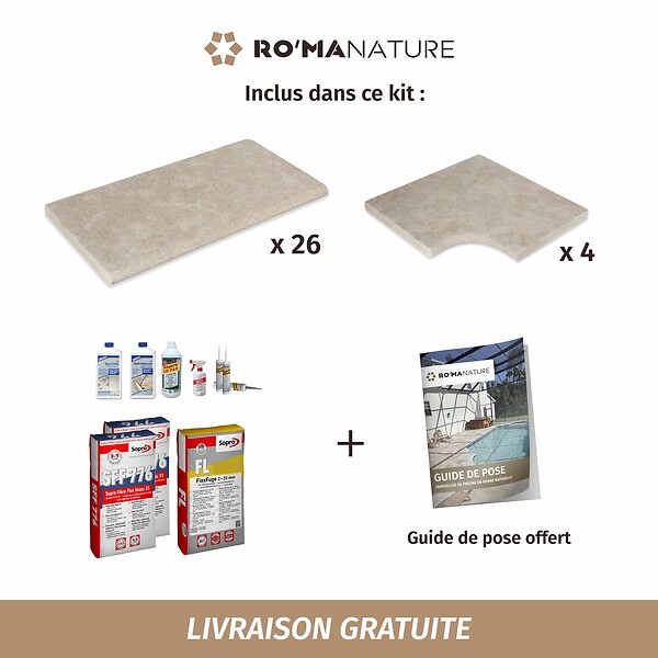 RO'MA NATURE - KIT COMPLET - Margelles pour piscine 4x4m en Pierre Egypte Beige (avec colle, joint, hydrofuge ...) - large