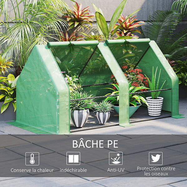 OUTSUNNY - Mini serre de jardin serre à  tomates dim. 180L x 90l x 90H cm acier PE haute densité 140 g/mÂ² anti-UV 2 fenêtres zippées enroulables vert - large