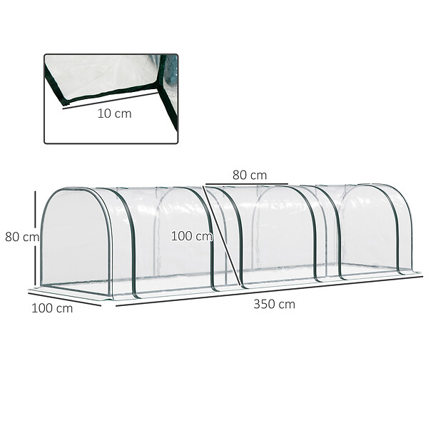 OUTSUNNY - Serre de jardin tunnel 3,5L x 1l x 0,8H m 3 portes zippées bâche PVC transparent métal époxy vert - large