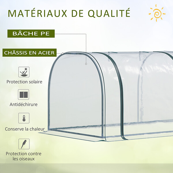 OUTSUNNY - Serre de jardin tunnel 3,5L x 1l x 0,8H m 3 portes zippées bâche PVC transparent métal époxy vert - large