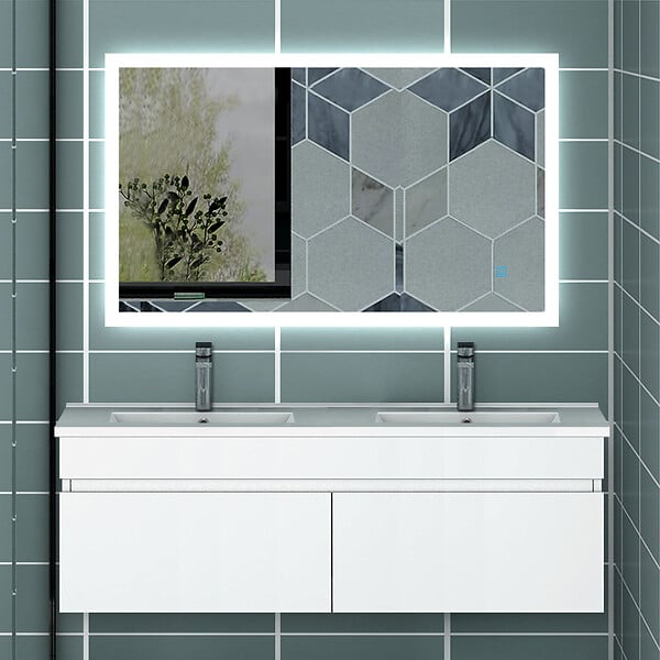 AICA SANITAIRE - AICA Ensemble meuble double vasque L.120cm blanc 2 portes + lavabo + LED miroir,moderne - large