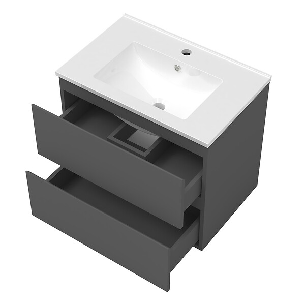 AICA SANITAIRE - AICA Ensemble L.60cm meuble vasque 2 tiroirs + lavabo + LED miroir rond 60cm,anthracite - large