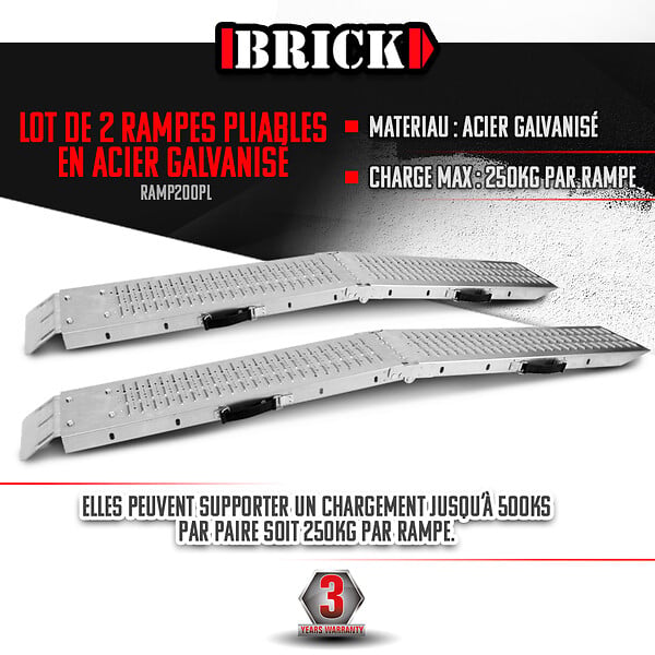 BRICK - Lot de 2 rampes pliables en acier galvanisé 160cm - Charge max 500 kg/paire - large