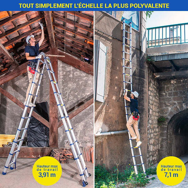 HOSTRÃ–M - Echelle télescopique articulée 6,2m STEMPAKT, escabeau 2x10 marches pliable professionnel multifonction, H max travail 7,1m, garantie 5 ans, Hoström - large