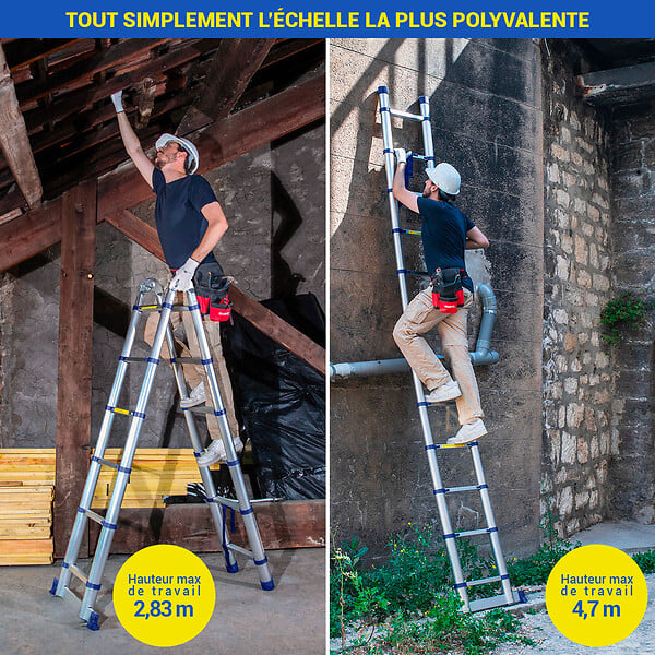 HOSTRÃ–M - Echelle télescopique articulée 3,8m STEMPAKT, escabeau 2x6 marches pliable professionnel multifonction, H max travail 4,7m, Garantie 5 ans, Hoström - large