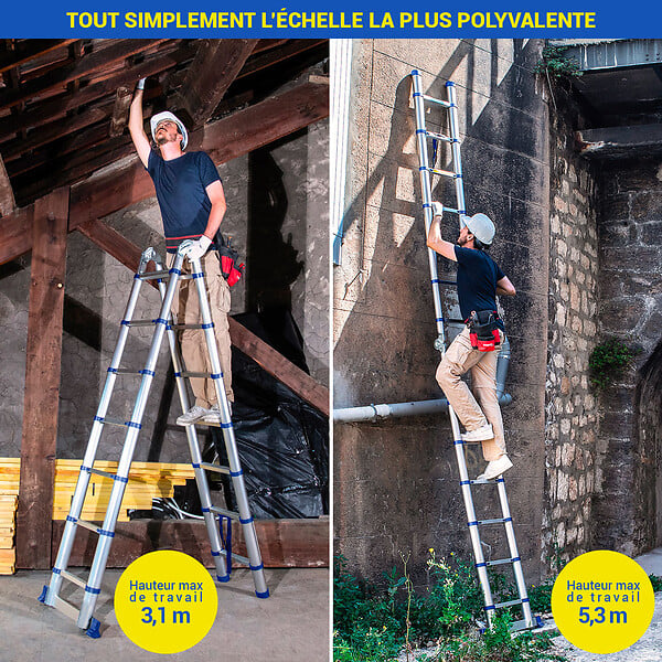 HOSTRÃ–M - Echelle télescopique articulée 4,4m STEMPAKT, escabeau 2x7 marches pliable professionnel multifonction, H max travail 5,3m, garantie 5 ans, Hoström - large