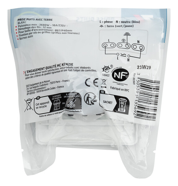 MC KENZIE - Prise 16A puits avec terre complet Simply - Blanc - large