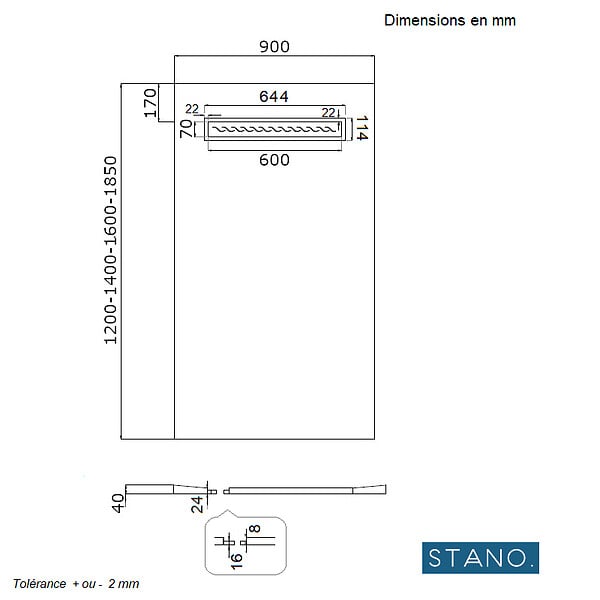 STANO - Receveur de douche à carreler 90 x 160 cm ELIO 4 pentes grille linéaire et bonde incluses - large